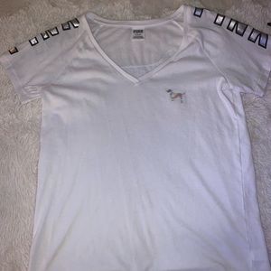 White V-neck VS PINK short sleeve shirt